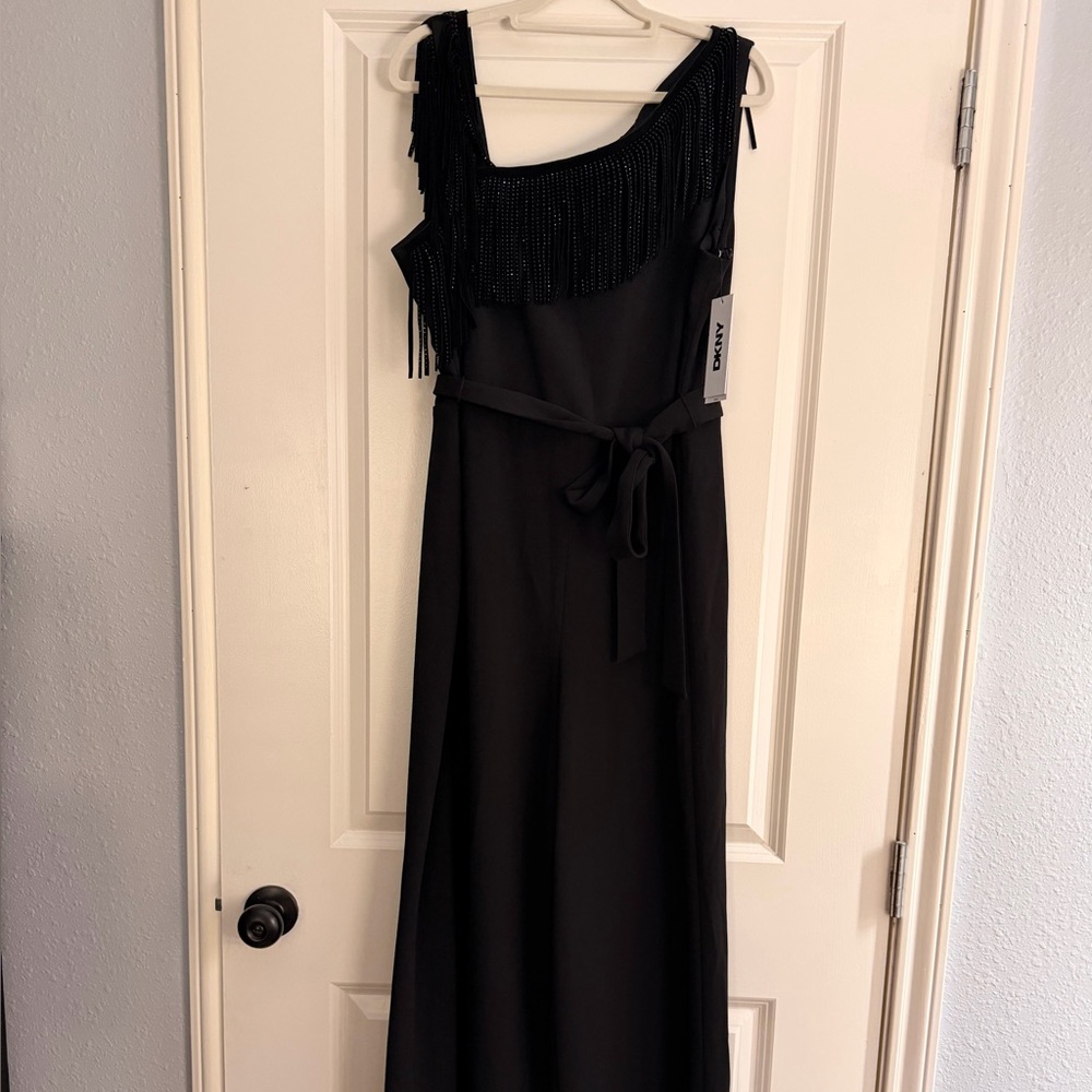 DKNY Strapless Black Dress with Fringe